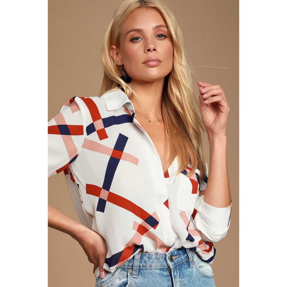 Lulus Camrose White Geometric Print Button-up Long Sleeve Top - Size XS